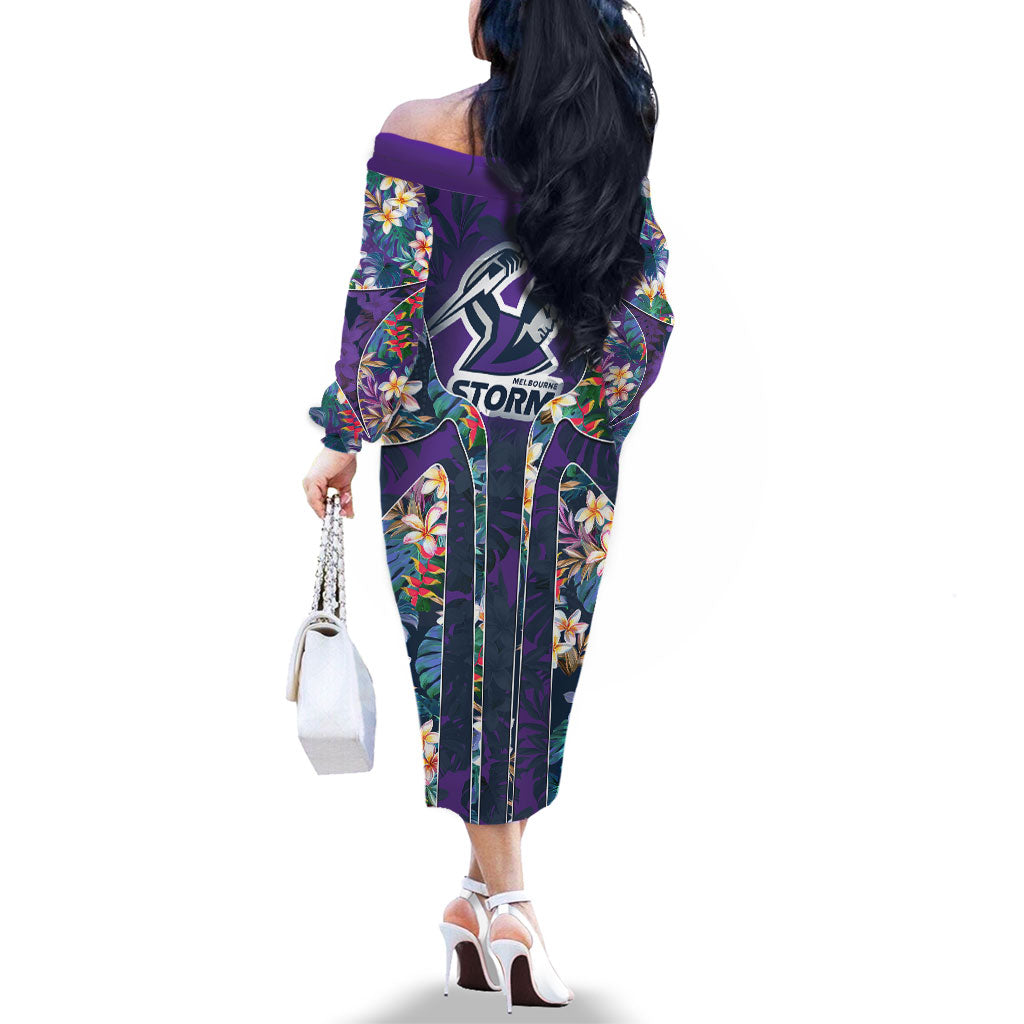 Melbourne Storm Family Matching Off The Shoulder Long Sleeve Dress and Hawaiian Shirt Tropical Hibiscus Floral Pattern With Purple And Blue Accents