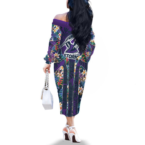 Melbourne Storm Family Matching Off The Shoulder Long Sleeve Dress and Hawaiian Shirt Tropical Hibiscus Floral Pattern With Purple And Blue Accents