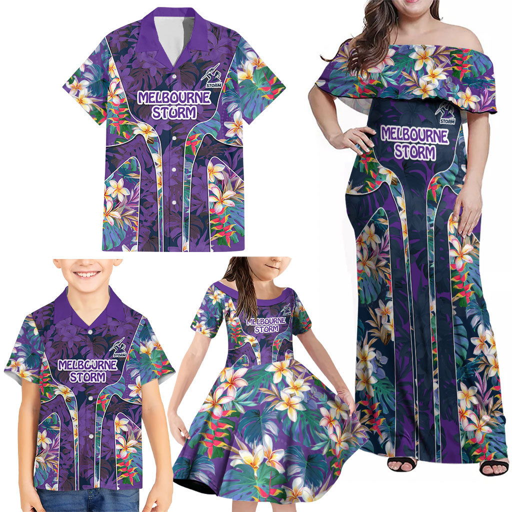 Melbourne Storm Family Matching Off Shoulder Maxi Dress and Hawaiian Shirt Tropical Hibiscus Floral Pattern With Purple And Blue Accents