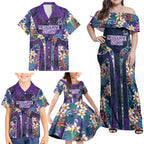 Melbourne Storm Family Matching Off Shoulder Maxi Dress and Hawaiian Shirt Tropical Hibiscus Floral Pattern With Purple And Blue Accents