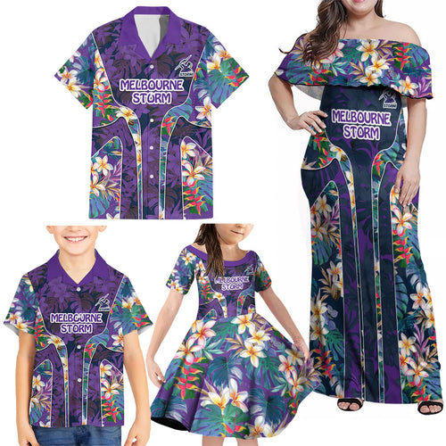 Melbourne Storm Family Matching Off Shoulder Maxi Dress and Hawaiian Shirt Tropical Hibiscus Floral Pattern With Purple And Blue Accents