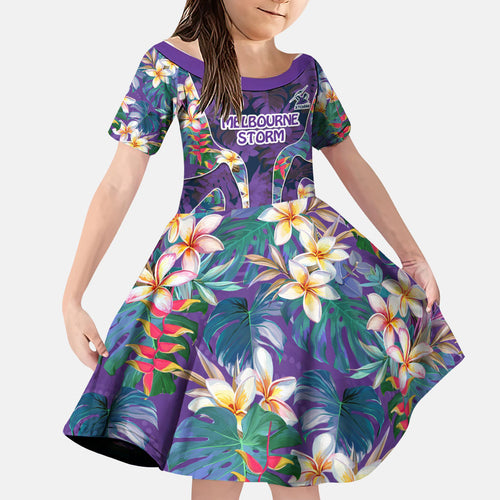 Melbourne Storm Family Matching Off Shoulder Maxi Dress and Hawaiian Shirt Tropical Hibiscus Floral Pattern With Purple And Blue Accents