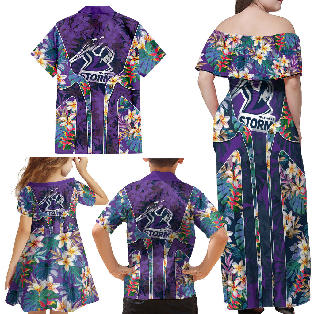 Melbourne Storm Family Matching Off Shoulder Maxi Dress and Hawaiian Shirt Tropical Hibiscus Floral Pattern With Purple And Blue Accents