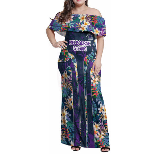Melbourne Storm Family Matching Off Shoulder Maxi Dress and Hawaiian Shirt Tropical Hibiscus Floral Pattern With Purple And Blue Accents