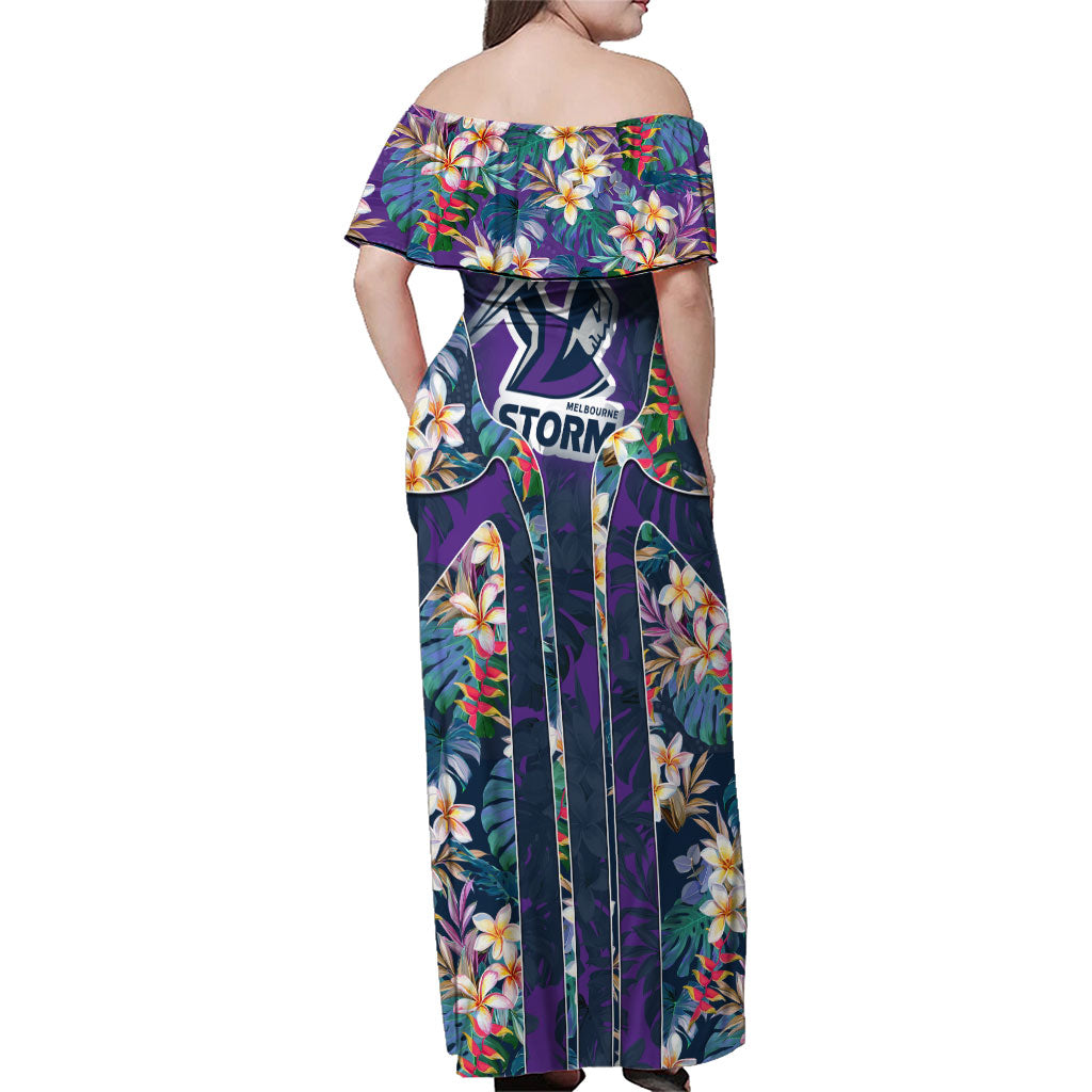 Melbourne Storm Family Matching Off Shoulder Maxi Dress and Hawaiian Shirt Tropical Hibiscus Floral Pattern With Purple And Blue Accents