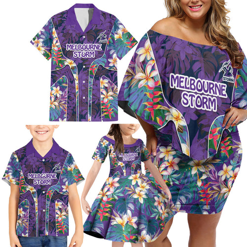 Melbourne Storm Family Matching Off Shoulder Short Dress and Hawaiian Shirt Tropical Hibiscus Floral Pattern With Purple And Blue Accents