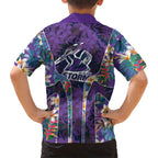Melbourne Storm Family Matching Off Shoulder Short Dress and Hawaiian Shirt Tropical Hibiscus Floral Pattern With Purple And Blue Accents