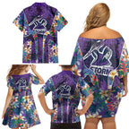 Melbourne Storm Family Matching Off Shoulder Short Dress and Hawaiian Shirt Tropical Hibiscus Floral Pattern With Purple And Blue Accents