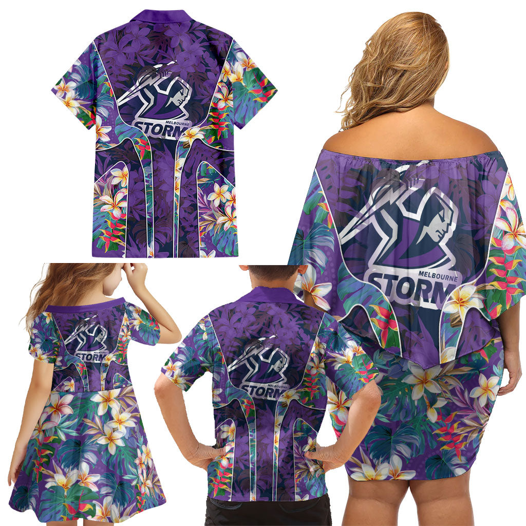 Melbourne Storm Family Matching Off Shoulder Short Dress and Hawaiian Shirt Tropical Hibiscus Floral Pattern With Purple And Blue Accents