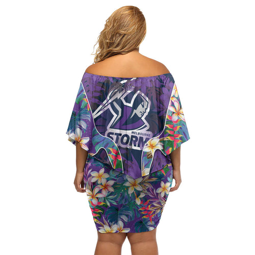 Melbourne Storm Family Matching Off Shoulder Short Dress and Hawaiian Shirt Tropical Hibiscus Floral Pattern With Purple And Blue Accents