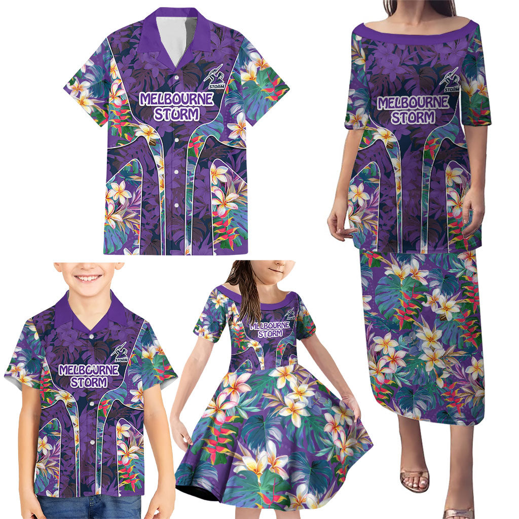 Melbourne Storm Family Matching Puletasi and Hawaiian Shirt Tropical Hibiscus Floral Pattern With Purple And Blue Accents