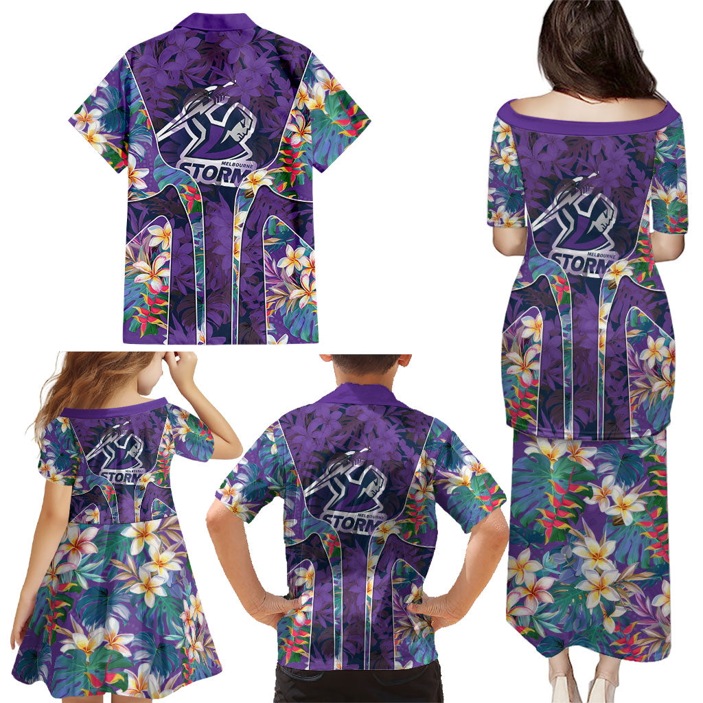 Melbourne Storm Family Matching Puletasi and Hawaiian Shirt Tropical Hibiscus Floral Pattern With Purple And Blue Accents