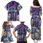 Melbourne Storm Family Matching Puletasi and Hawaiian Shirt Tropical Hibiscus Floral Pattern With Purple And Blue Accents