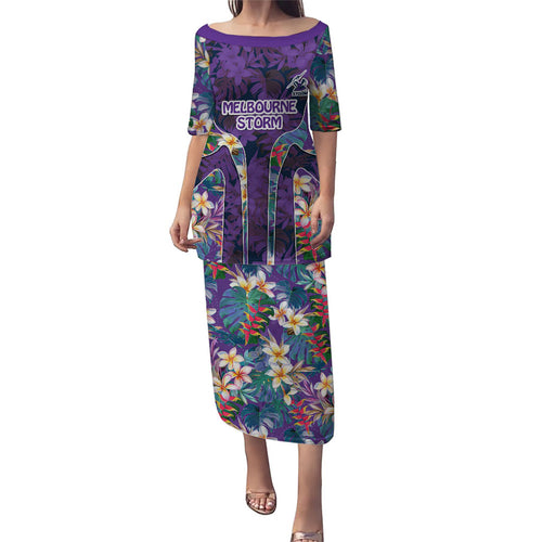 Melbourne Storm Family Matching Puletasi and Hawaiian Shirt Tropical Hibiscus Floral Pattern With Purple And Blue Accents