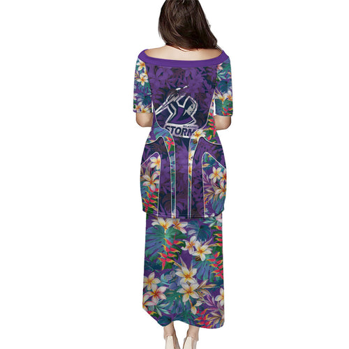 Melbourne Storm Family Matching Puletasi and Hawaiian Shirt Tropical Hibiscus Floral Pattern With Purple And Blue Accents