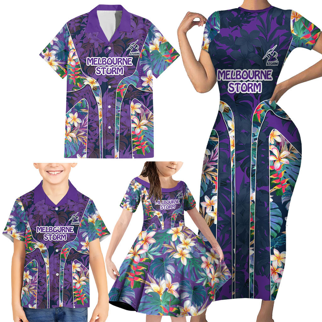 Melbourne Storm Family Matching Short Sleeve Bodycon Dress and Hawaiian Shirt Tropical Hibiscus Floral Pattern With Purple And Blue Accents
