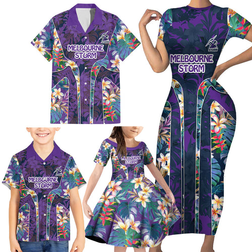 Melbourne Storm Family Matching Short Sleeve Bodycon Dress and Hawaiian Shirt Tropical Hibiscus Floral Pattern With Purple And Blue Accents