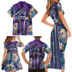 Melbourne Storm Family Matching Short Sleeve Bodycon Dress and Hawaiian Shirt Tropical Hibiscus Floral Pattern With Purple And Blue Accents