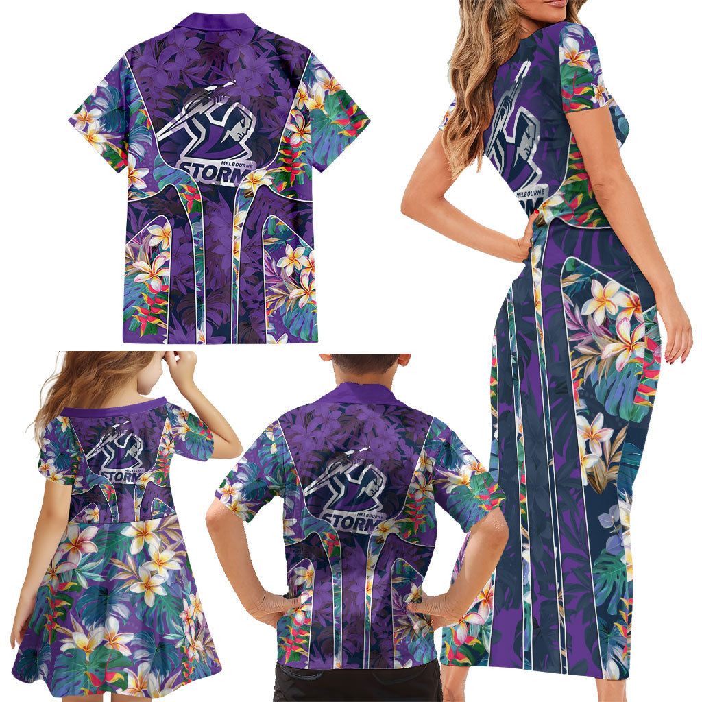 Melbourne Storm Family Matching Short Sleeve Bodycon Dress and Hawaiian Shirt Tropical Hibiscus Floral Pattern With Purple And Blue Accents