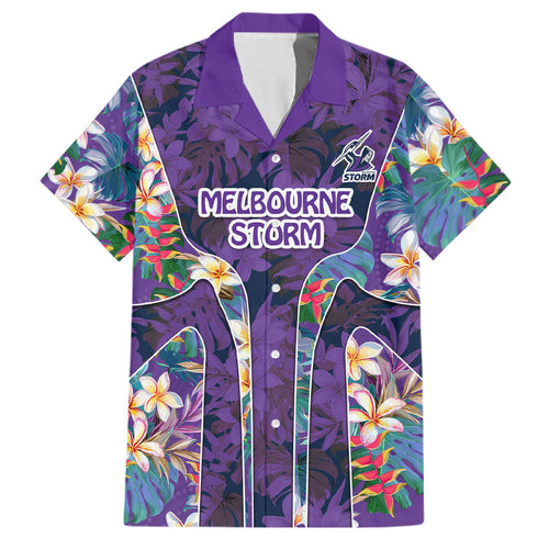 Melbourne Storm Family Matching Short Sleeve Bodycon Dress and Hawaiian Shirt Tropical Hibiscus Floral Pattern With Purple And Blue Accents