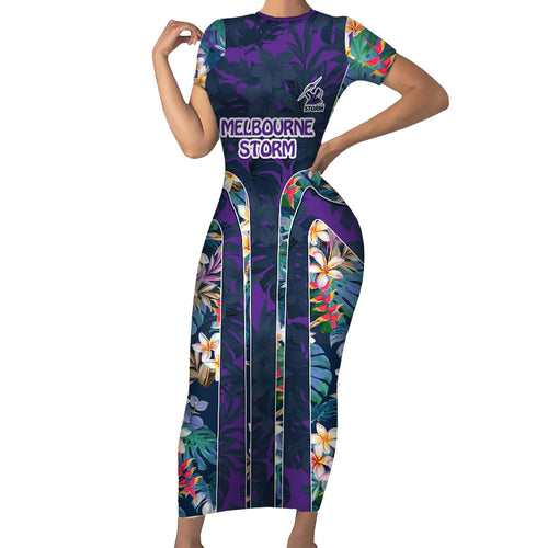 Melbourne Storm Family Matching Short Sleeve Bodycon Dress and Hawaiian Shirt Tropical Hibiscus Floral Pattern With Purple And Blue Accents