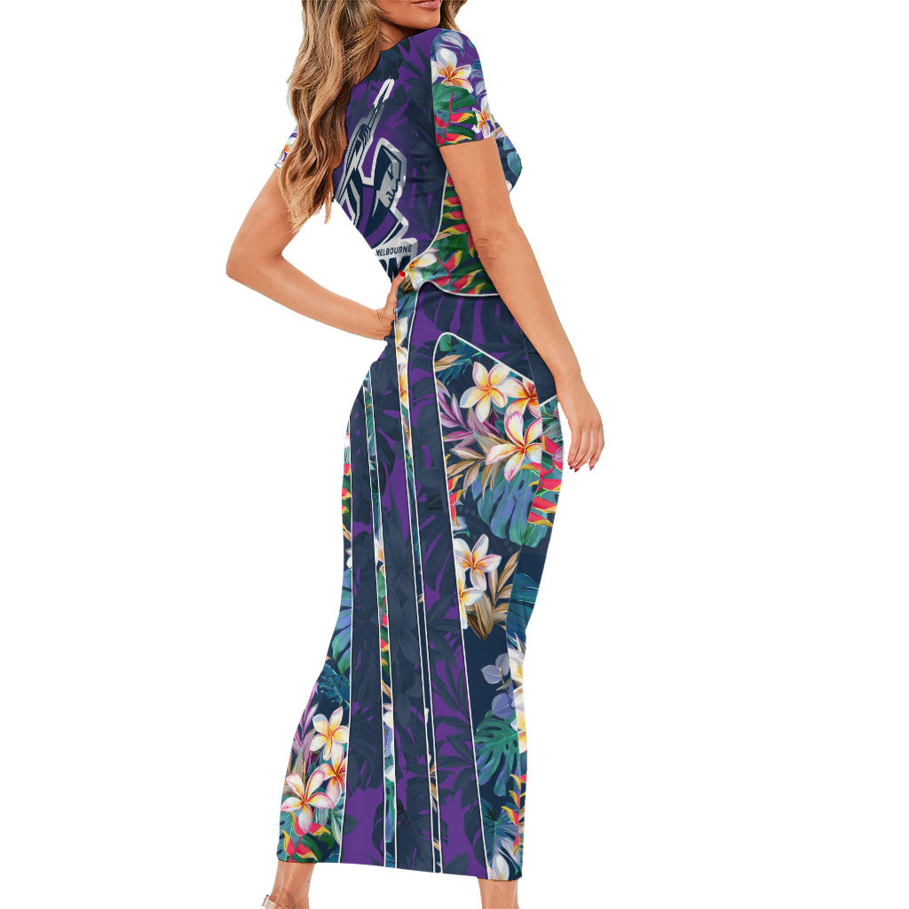 Melbourne Storm Family Matching Short Sleeve Bodycon Dress and Hawaiian Shirt Tropical Hibiscus Floral Pattern With Purple And Blue Accents