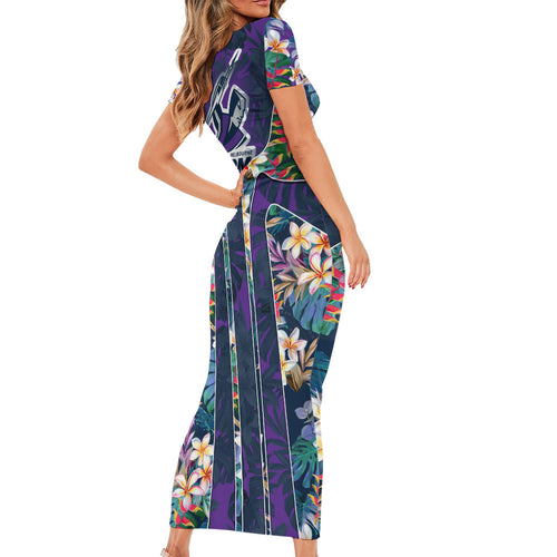 Melbourne Storm Family Matching Short Sleeve Bodycon Dress and Hawaiian Shirt Tropical Hibiscus Floral Pattern With Purple And Blue Accents