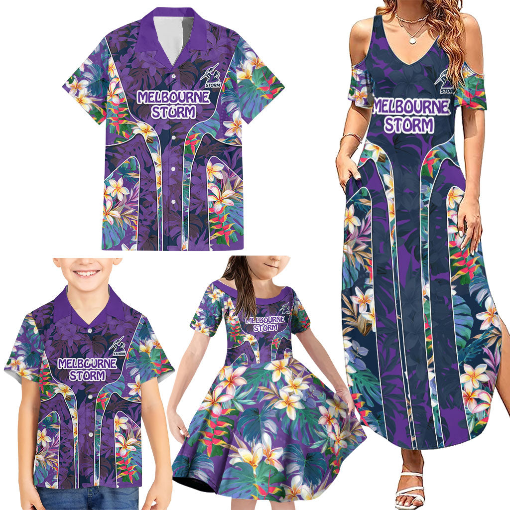 Melbourne Storm Family Matching Summer Maxi Dress and Hawaiian Shirt Tropical Hibiscus Floral Pattern With Purple And Blue Accents