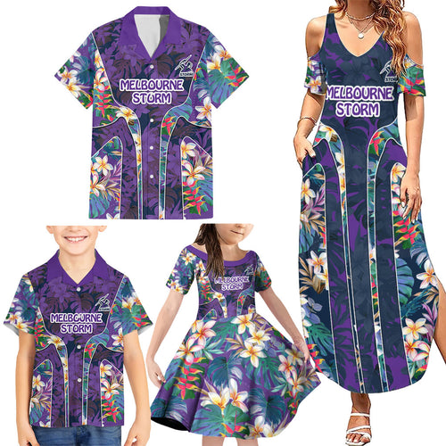 Melbourne Storm Family Matching Summer Maxi Dress and Hawaiian Shirt Tropical Hibiscus Floral Pattern With Purple And Blue Accents