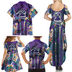 Melbourne Storm Family Matching Summer Maxi Dress and Hawaiian Shirt Tropical Hibiscus Floral Pattern With Purple And Blue Accents
