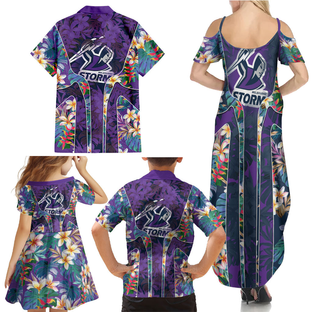 Melbourne Storm Family Matching Summer Maxi Dress and Hawaiian Shirt Tropical Hibiscus Floral Pattern With Purple And Blue Accents