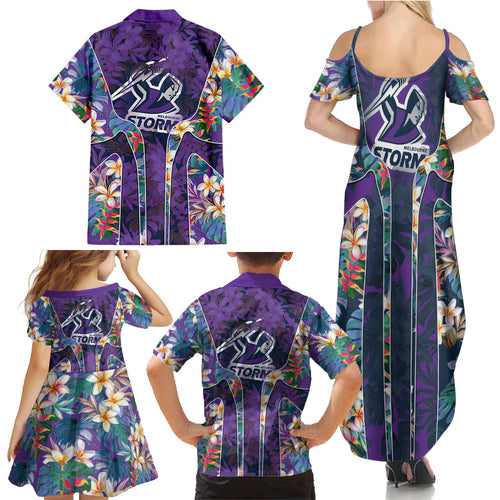 Melbourne Storm Family Matching Summer Maxi Dress and Hawaiian Shirt Tropical Hibiscus Floral Pattern With Purple And Blue Accents