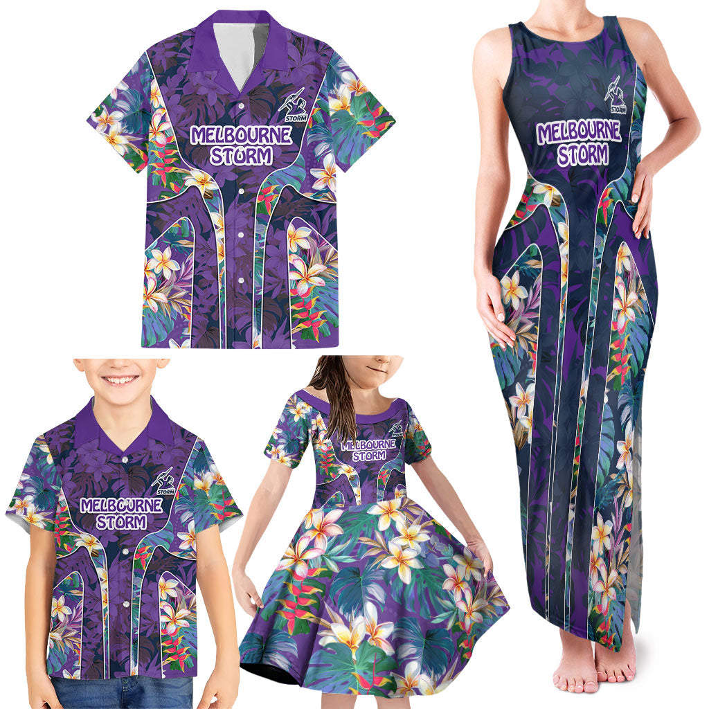 Melbourne Storm Family Matching Tank Maxi Dress and Hawaiian Shirt Tropical Hibiscus Floral Pattern With Purple And Blue Accents