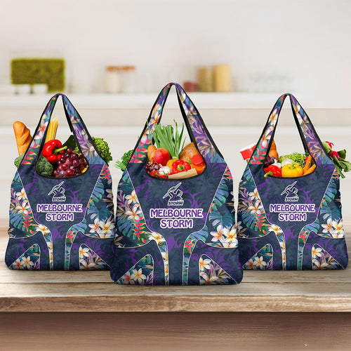 Melbourne Storm Grocery Bag Tropical Hibiscus Floral Pattern With Purple And Blue Accents