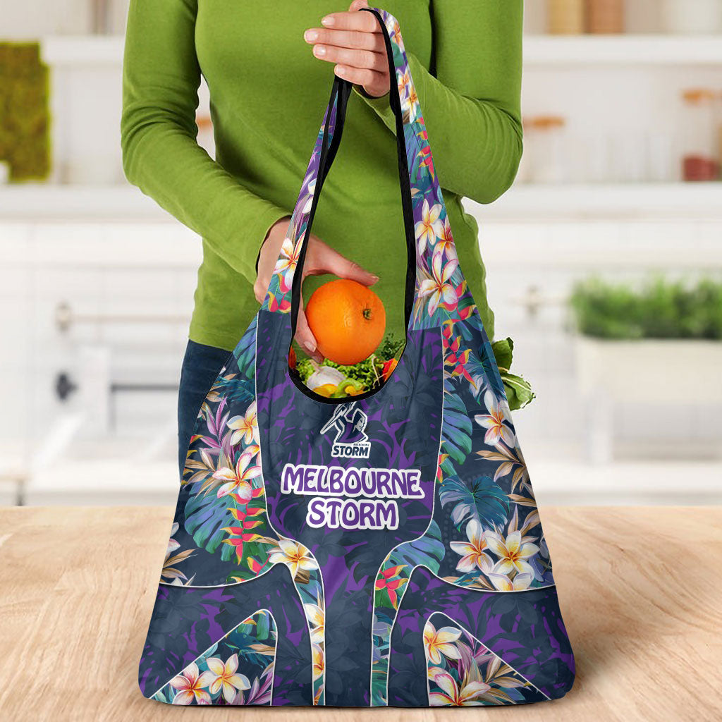 Melbourne Storm Grocery Bag Tropical Hibiscus Floral Pattern With Purple And Blue Accents