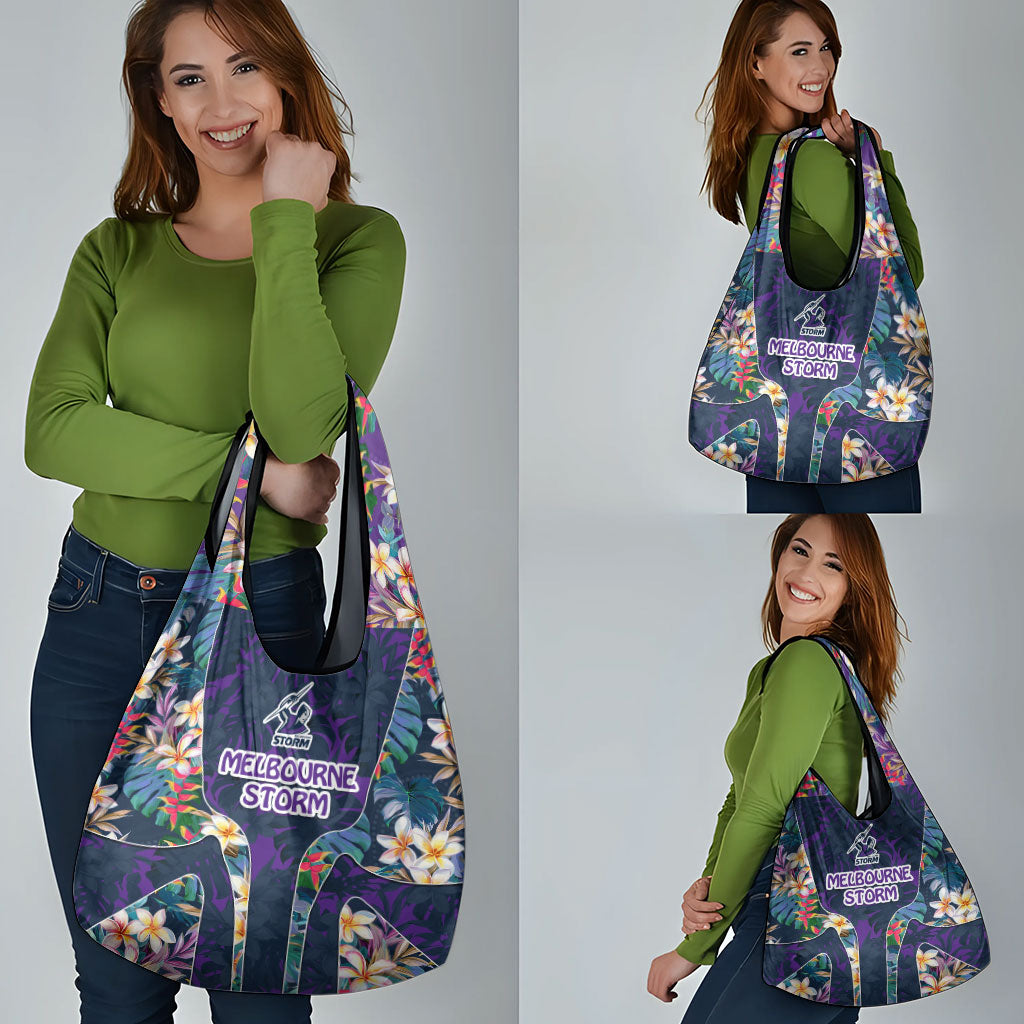 Melbourne Storm Grocery Bag Tropical Hibiscus Floral Pattern With Purple And Blue Accents