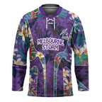 Melbourne Storm Hockey Jersey Tropical Hibiscus Floral Pattern With Purple And Blue Accents