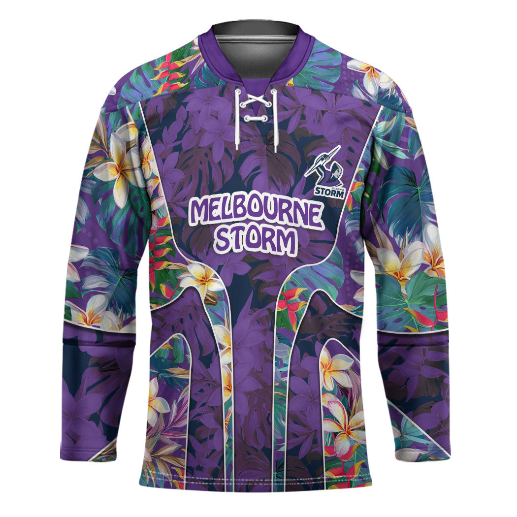 Melbourne Storm Hockey Jersey Tropical Hibiscus Floral Pattern With Purple And Blue Accents