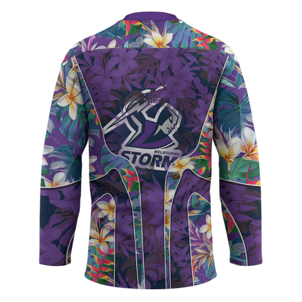 Melbourne Storm Hockey Jersey Tropical Hibiscus Floral Pattern With Purple And Blue Accents