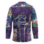 Melbourne Storm Hockey Jersey Tropical Hibiscus Floral Pattern With Purple And Blue Accents