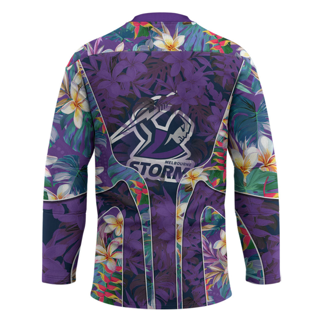 Melbourne Storm Hockey Jersey Tropical Hibiscus Floral Pattern With Purple And Blue Accents