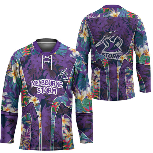 Melbourne Storm Hockey Jersey Tropical Hibiscus Floral Pattern With Purple And Blue Accents