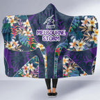 Melbourne Storm Hooded Blanket Tropical Hibiscus Floral Pattern With Purple And Blue Accents