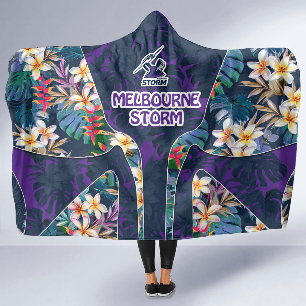 Melbourne Storm Hooded Blanket Tropical Hibiscus Floral Pattern With Purple And Blue Accents