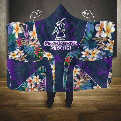 Melbourne Storm Hooded Blanket Tropical Hibiscus Floral Pattern With Purple And Blue Accents