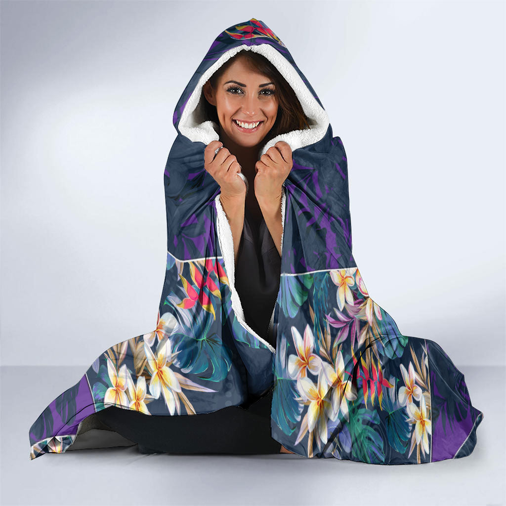 Melbourne Storm Hooded Blanket Tropical Hibiscus Floral Pattern With Purple And Blue Accents