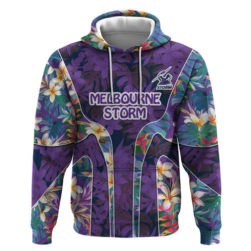 Melbourne Storm Hoodie Tropical Hibiscus Floral Pattern With Purple And Blue Accents