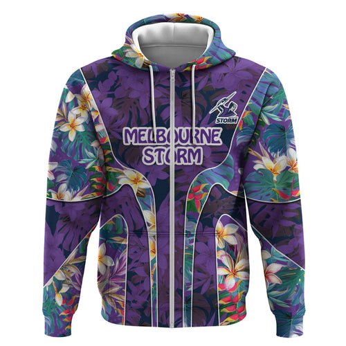 Melbourne Storm Hoodie Tropical Hibiscus Floral Pattern With Purple And Blue Accents