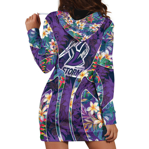 Melbourne Storm Hoodie Dress Tropical Hibiscus Floral Pattern With Purple And Blue Accents