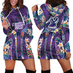 Melbourne Storm Hoodie Dress Tropical Hibiscus Floral Pattern With Purple And Blue Accents